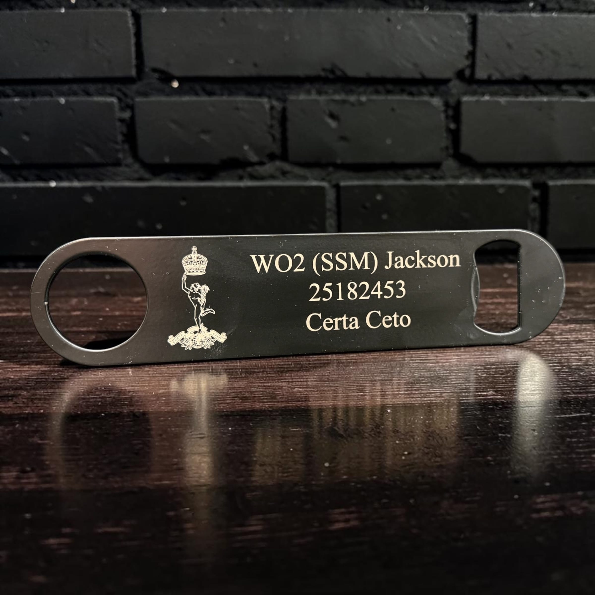 Personalised Cap Badge Black Metal Bar Blade Bottle Opener - Image 2